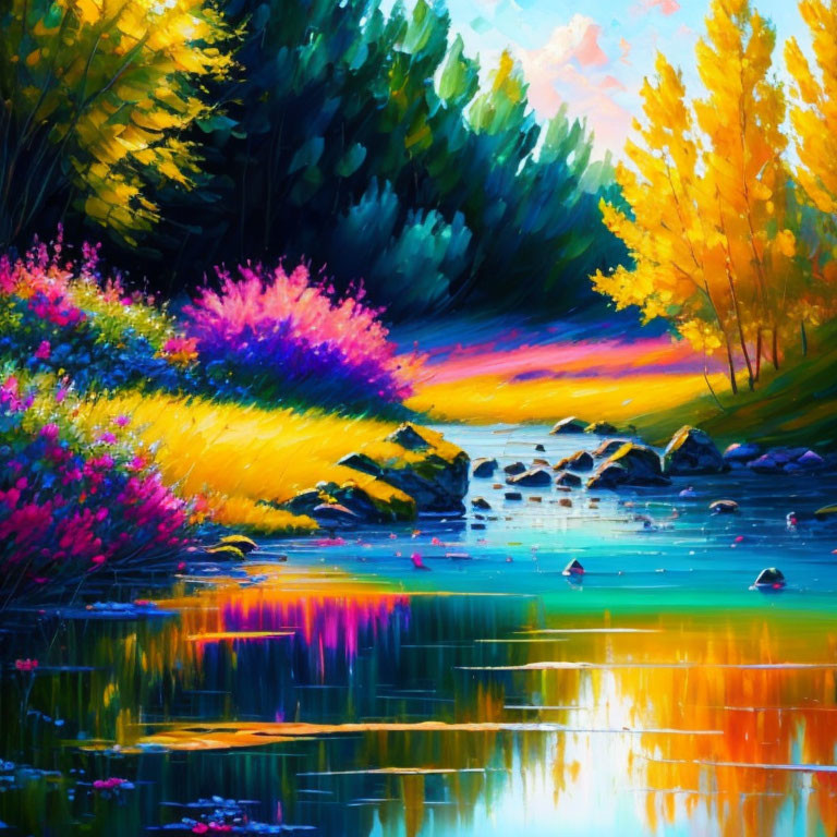 Colorful Landscape Painting: Serene River Reflecting Sunset Sky