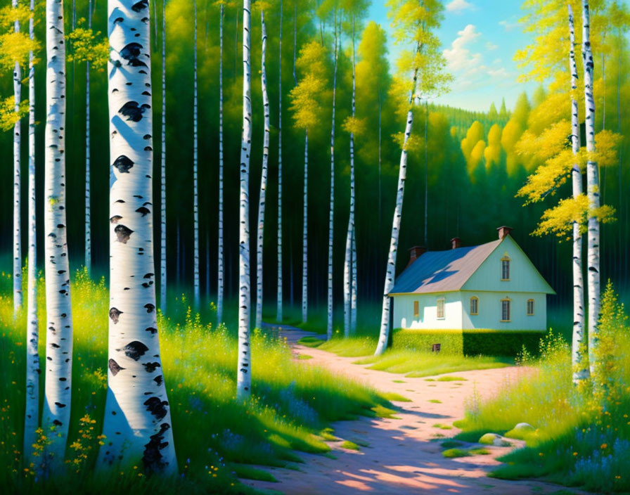 Tranquil landscape with small house, birch trees, sunlit path, and blue sky