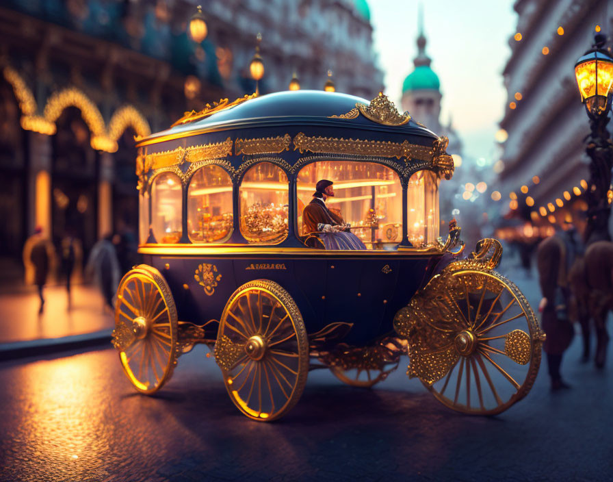 Vintage-style Carriage with Gold Detailing Travels City Street at Dusk