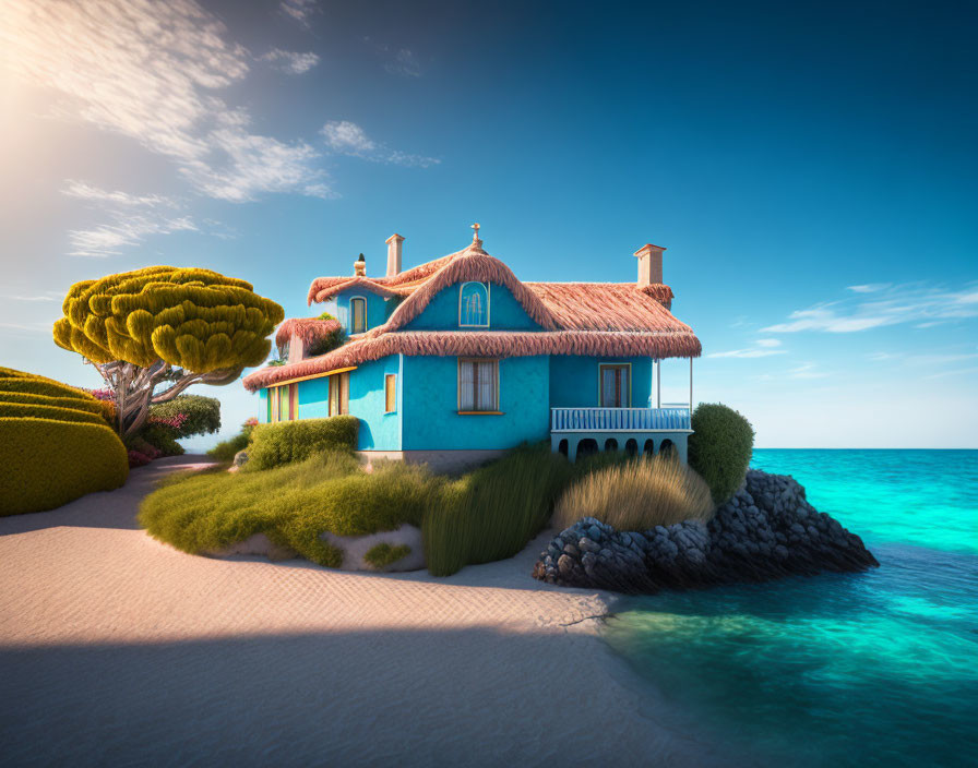 Thatched roof blue house on serene beach with sculpted bushes