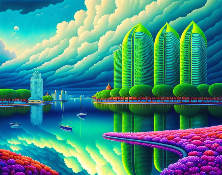 Colorful Surrealist Landscape with Futuristic Towers and Crescent Moon