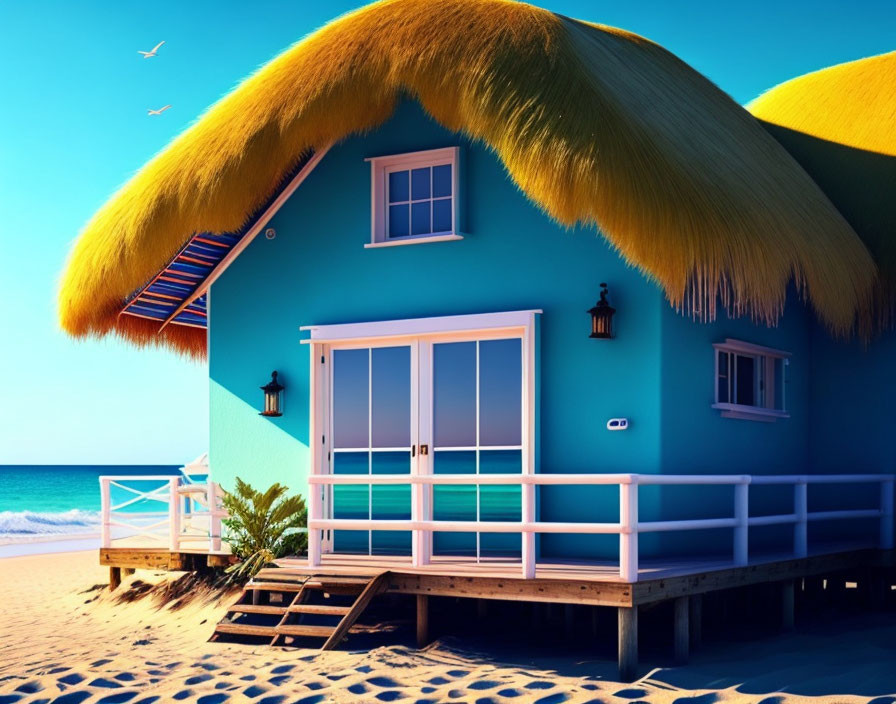 Teal Beach House with Yellow Thatched Roof on Sandy Shore