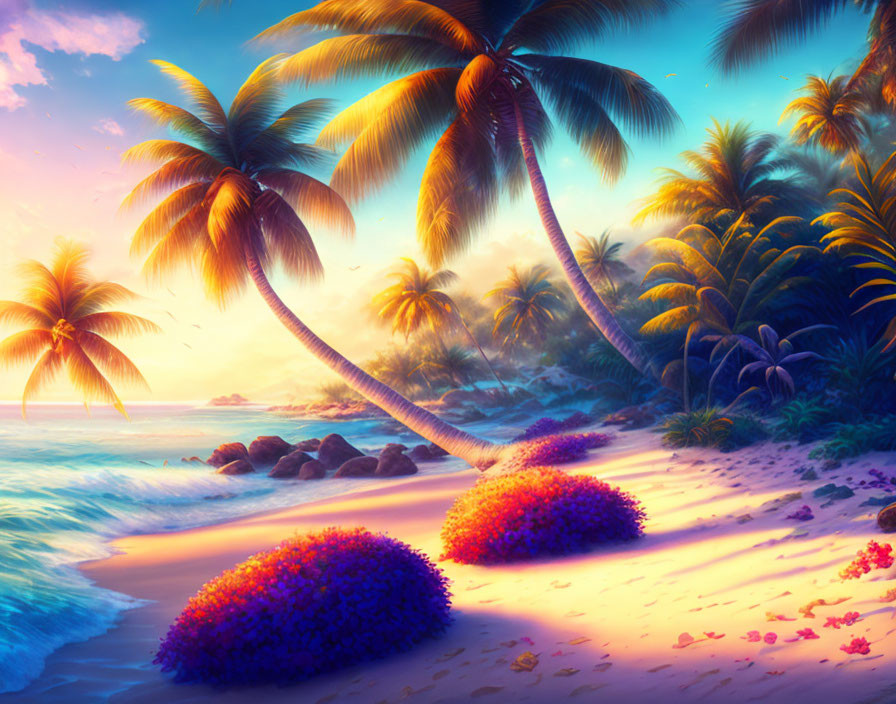 Tropical beach sunset with palm trees, colorful flowers, and gentle waves