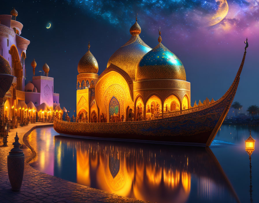 Fantasy Arabian night scene with ornate domes, boat, starry sky.