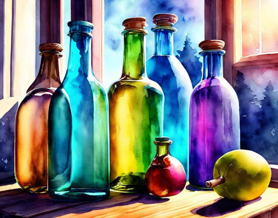 Vibrant Glass Bottles and Green Apple on Wooden Surface