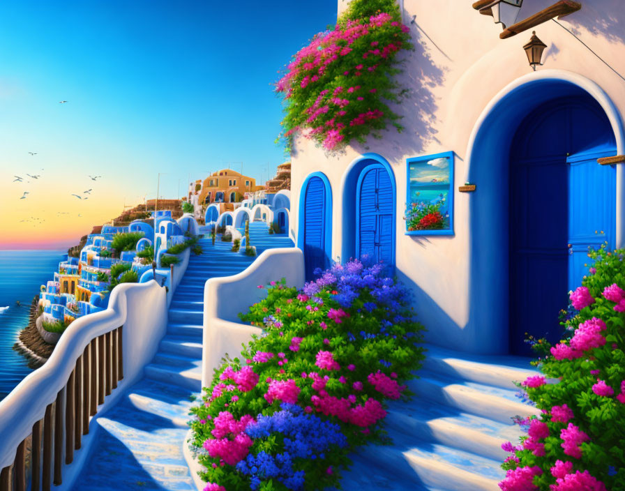 Colorful coastal scene: blue doors, white buildings, pink flowers, serene sunset sea