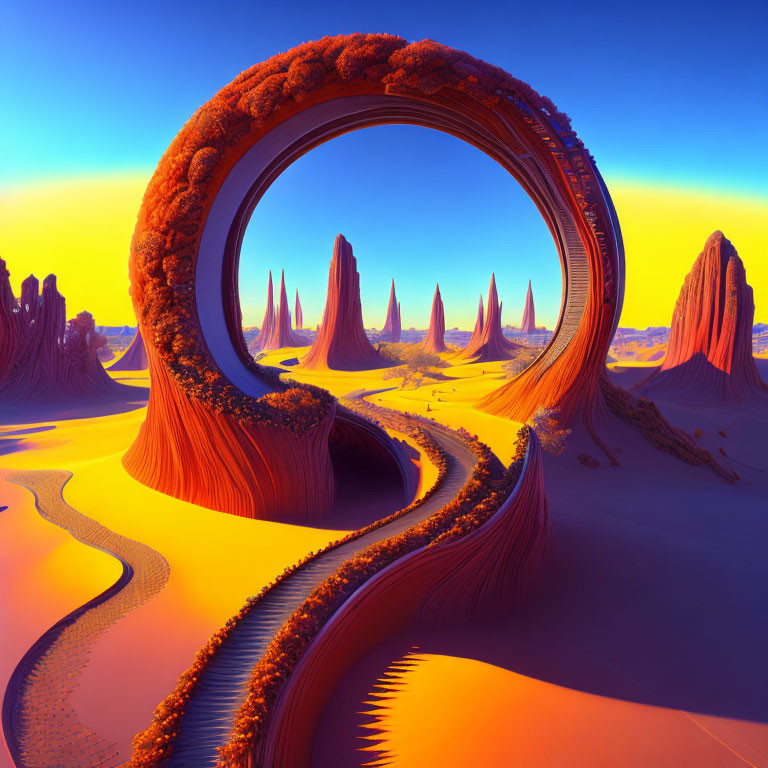 Surreal desert landscape with loop-like structure and spire formations