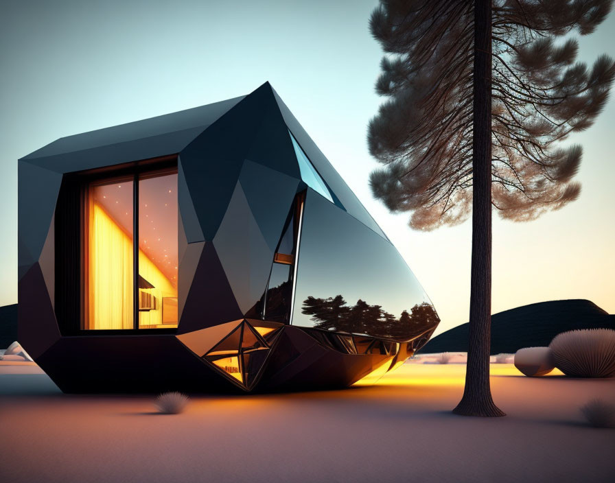 Geometric Cabin with Large Windows in Twilight Landscape