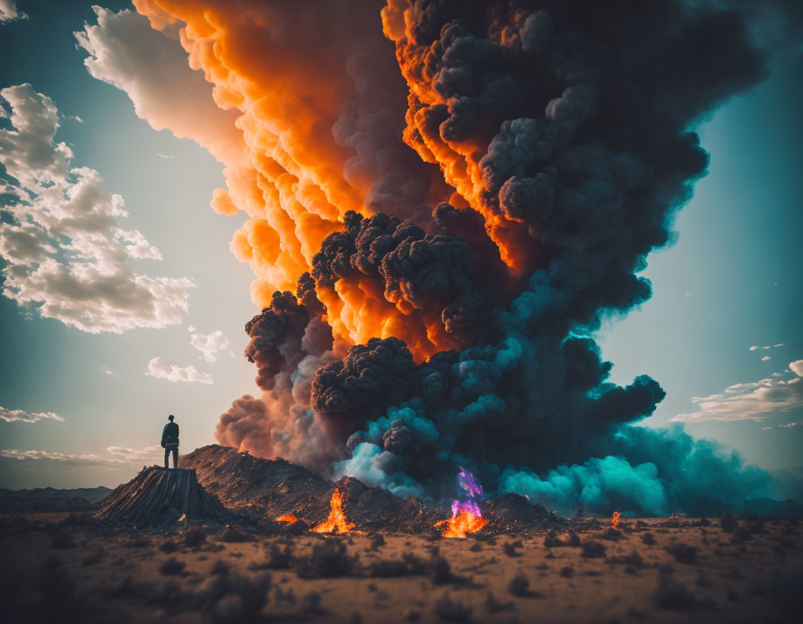 Person observes fiery explosion in desert setting