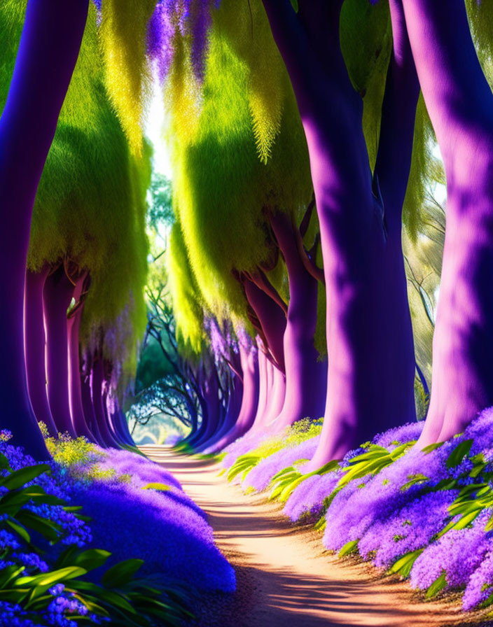 Colorful Path with Purple Trees and Blue Flowering Bushes under Luminous Canopy