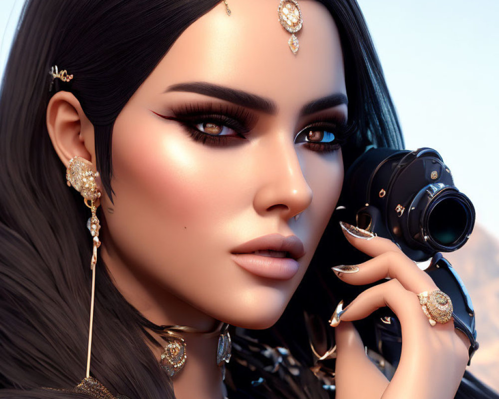 3D Rendered Image of Woman with Striking Makeup and Elaborate Golden Jewelry Holding Camera