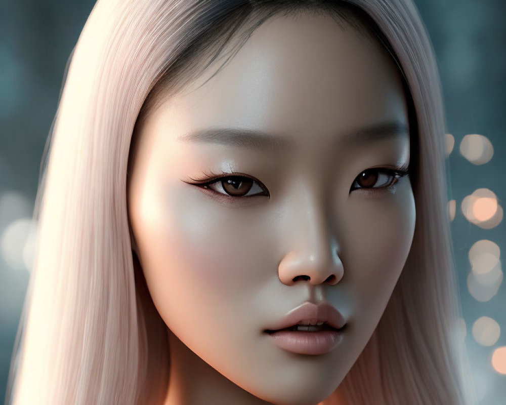 Close-Up 3D-Rendered Female with Pale Pink Hair and Bokeh Light Backdrop