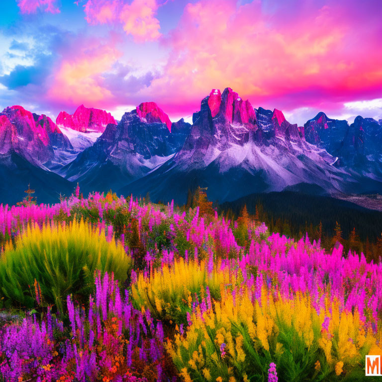 Scenic sunset over snowy mountains with wildflowers and dramatic sky