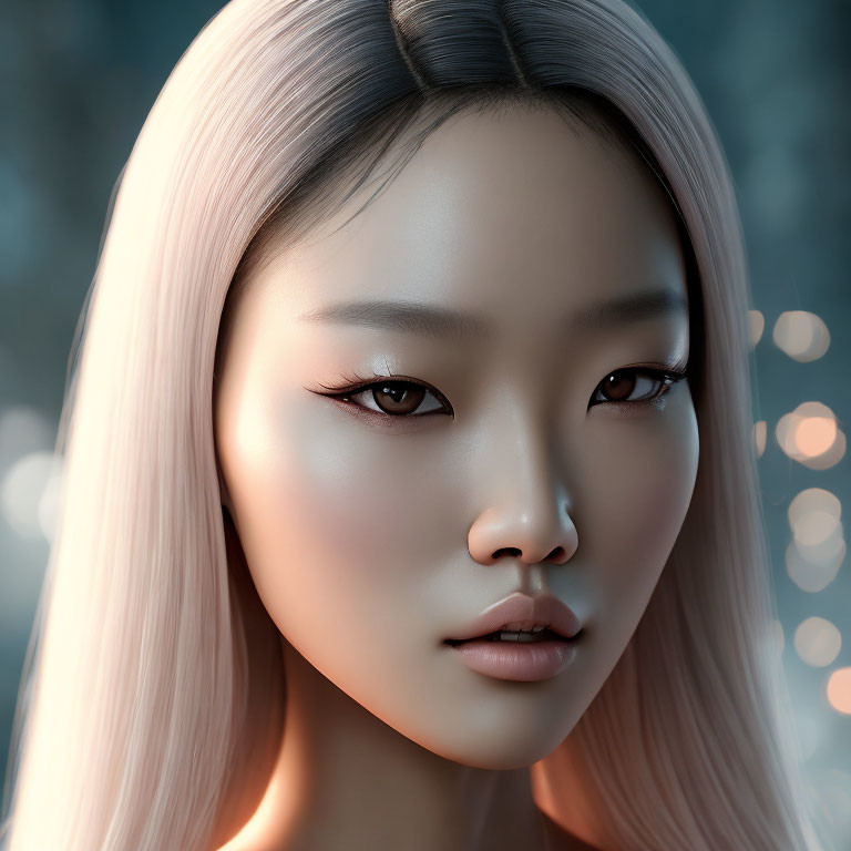 Close-Up 3D-Rendered Female with Pale Pink Hair and Bokeh Light Backdrop