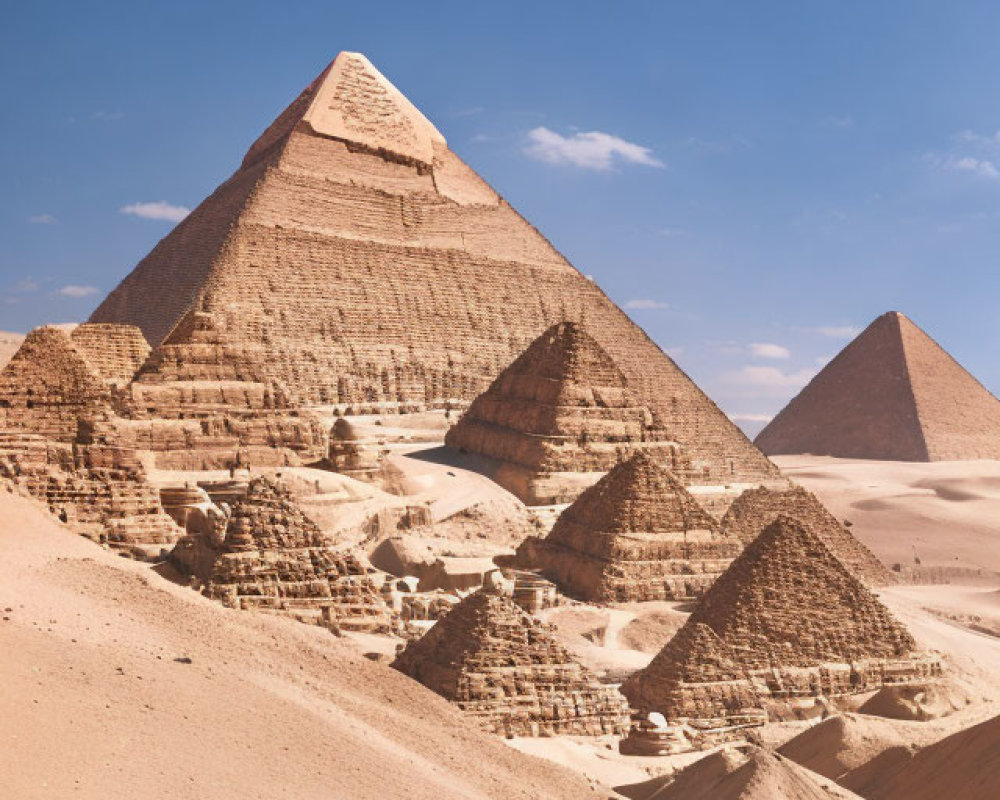 Iconic Great Pyramids of Giza in Egypt with clear blue sky and surrounding desert landscape.