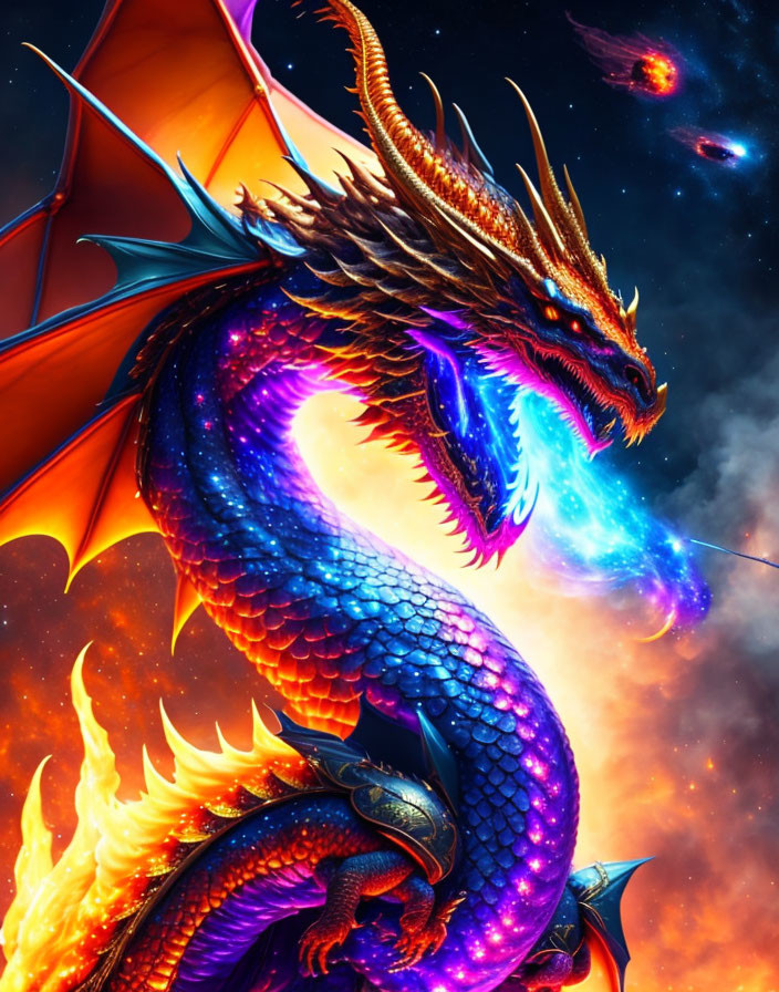 Colorful dragon with fiery wings soaring in cosmic sky