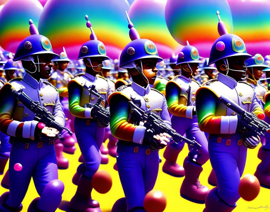 Uniformed Figures Marching with Rifles Against Psychedelic Backdrop