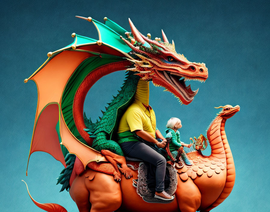 Vibrant illustration of person and child on majestic dragon against teal backdrop