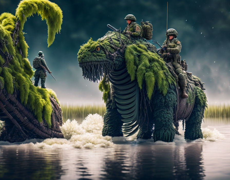 Military soldiers riding lizard-like creature through marsh under stormy sky