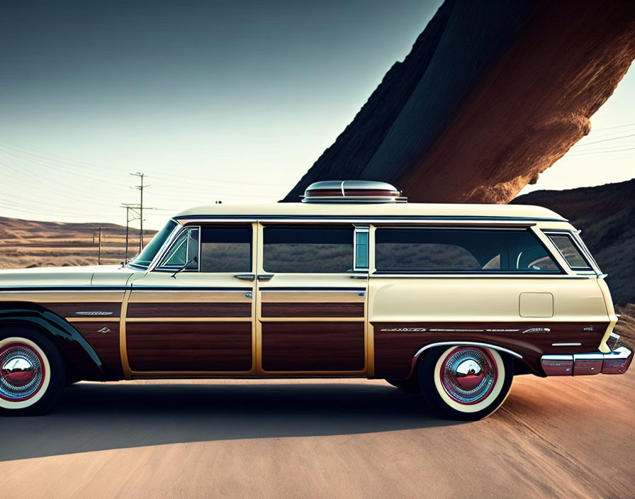 Classic Station Wagon with Wood Paneling Drives on Desert Road