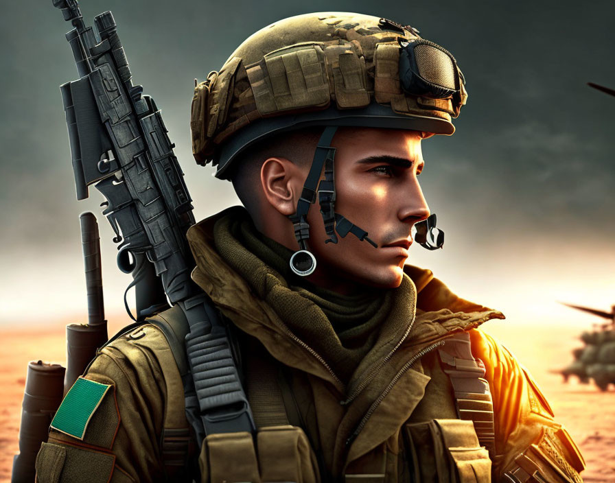 Digital illustration: Soldier with helmet, radio headset, and rifle under dusky sky