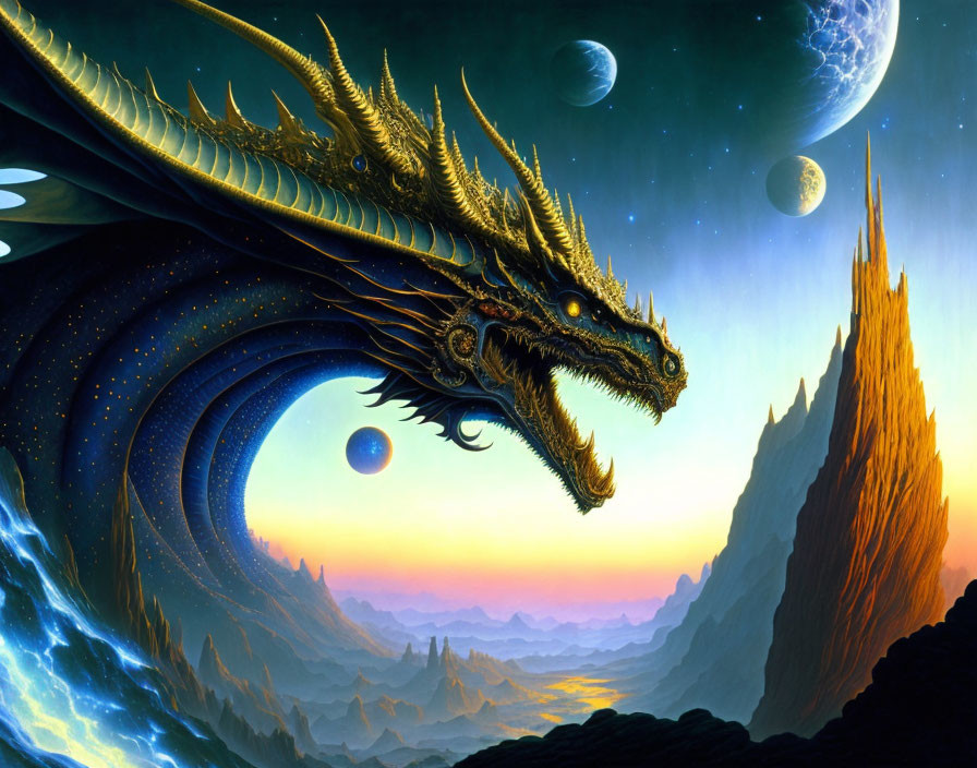 Fantastical cosmic landscape with multi-headed dragon and sunset hues