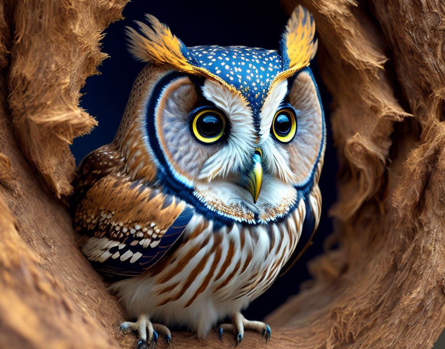 Colorful owl illustration in hollow tree trunk, large yellow eyes, dark background