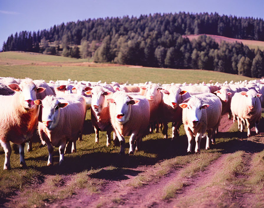 Thick wool sheep grazing in sunlit pasture