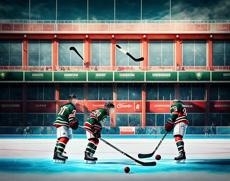 Ice hockey players practicing passing puck in stadium