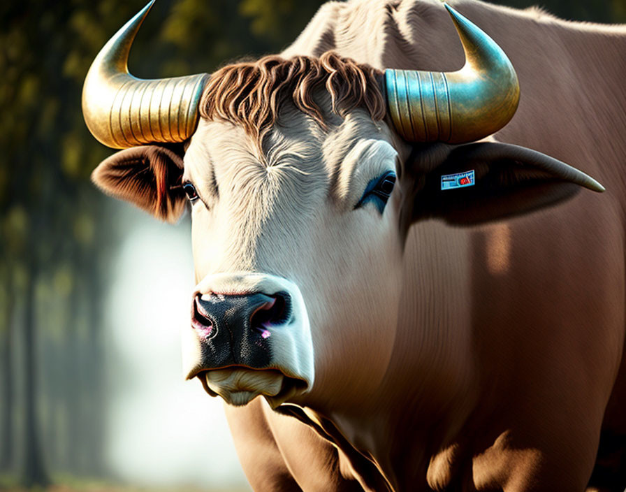 Brown cow with large golden horns in forest backdrop