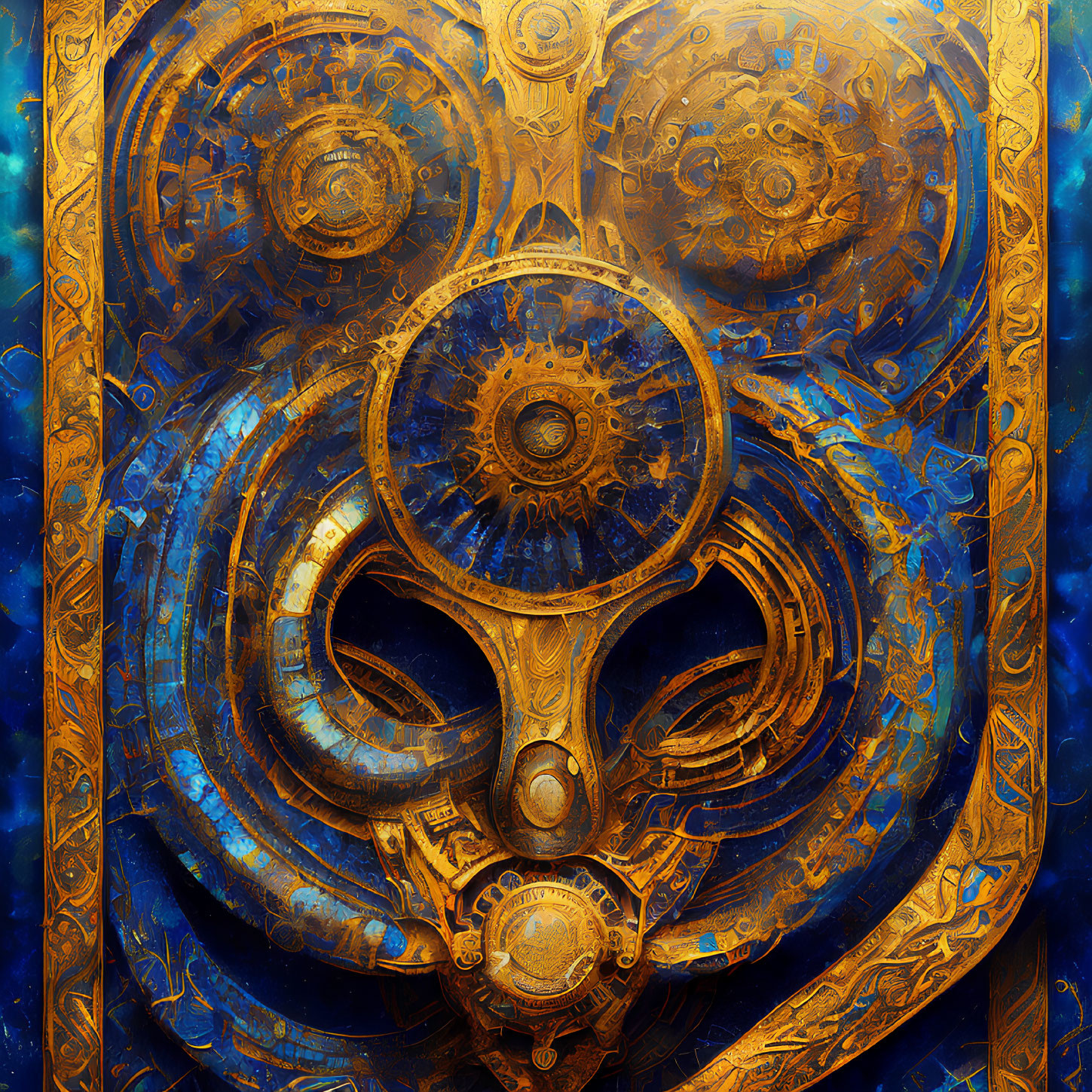 Intricate Golden Steampunk Mask with Gear Motifs on Blue Background