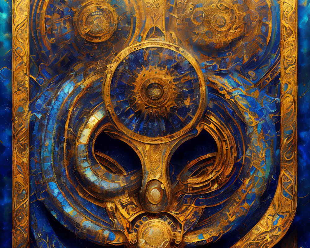 Intricate Golden Steampunk Mask with Gear Motifs on Blue Background