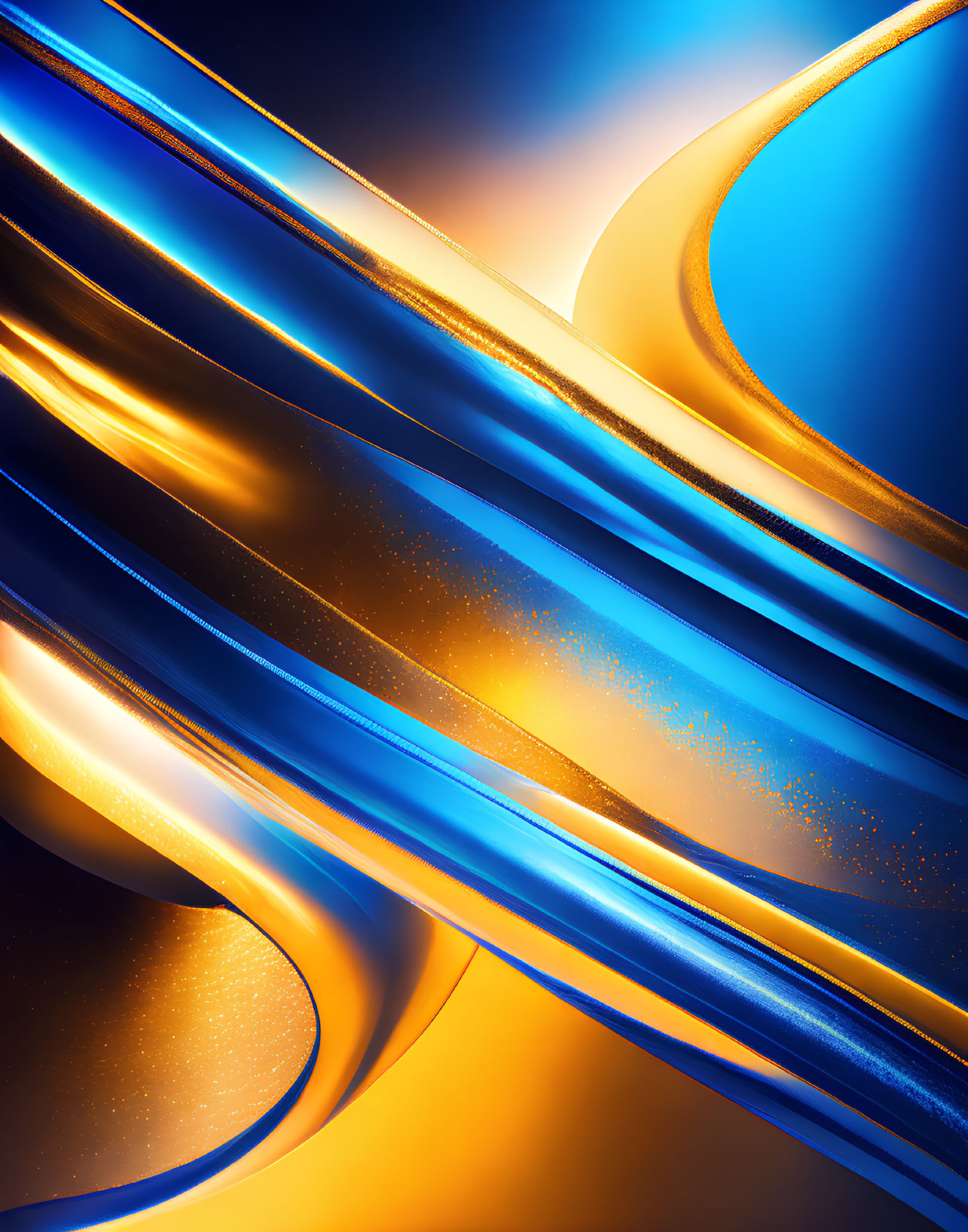 Metallic Abstract Art: Golden, Blue & Orange Flowing Shapes