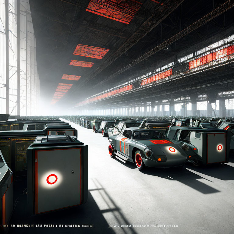 Futuristic factory with sleek black cars and production equipment