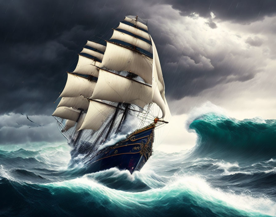 Tall ship with full sails navigating stormy seas