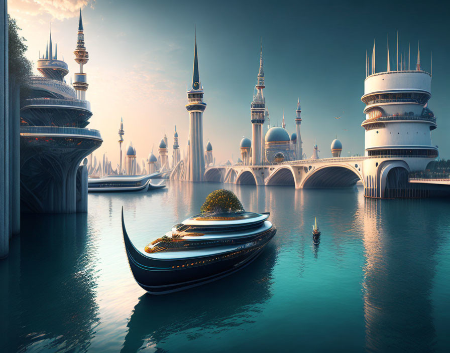 Futuristic cityscape with sleek towers, domes, and bridges over water