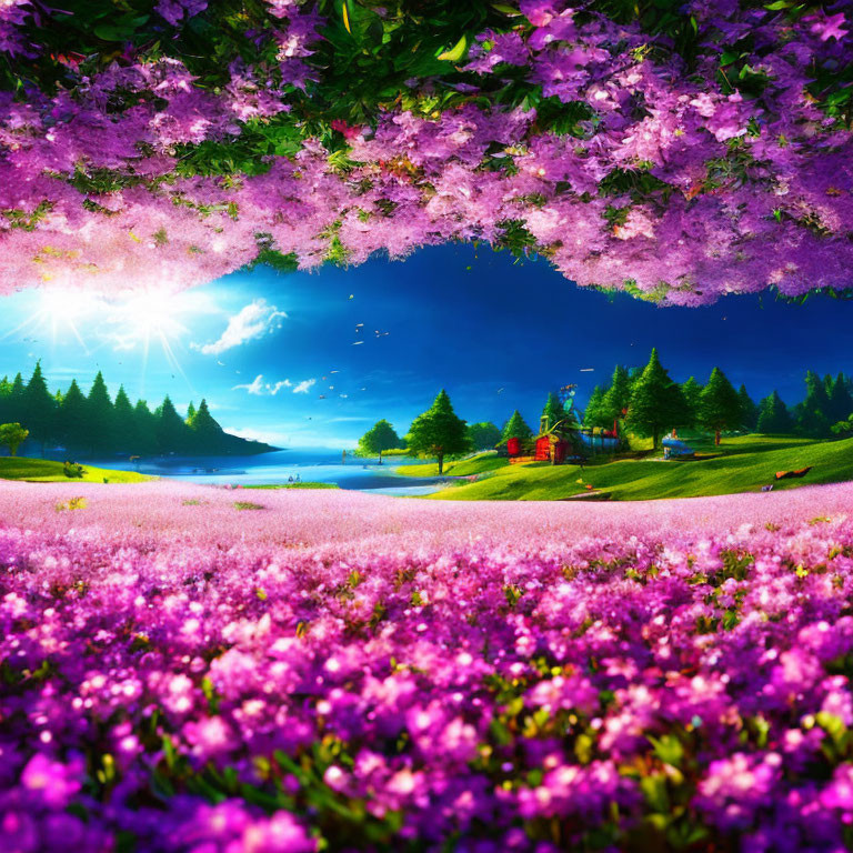 Colorful landscape with sunburst, pink flowers, blue lake, green trees.