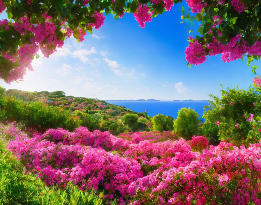 Scenic view of vibrant pink flowers and sea islands under blue sky