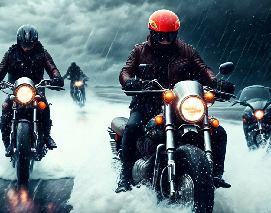 Group of motorcyclists navigating wet road in heavy rainstorm