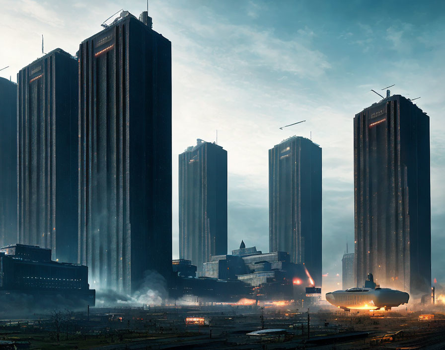 Futuristic sci-fi cityscape with skyscrapers and hovering vehicle