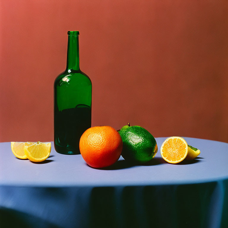 Green bottle with orange, lime, and lemon slices on blue tabletop and peach backdrop