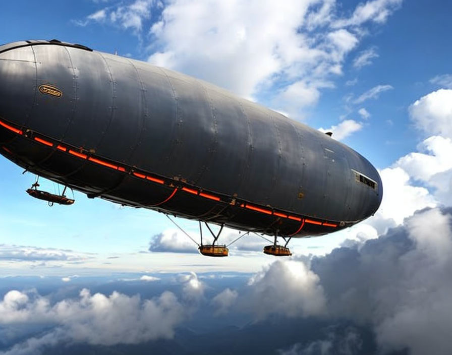 Black airship flying above clouds in blue sky with cloud cover