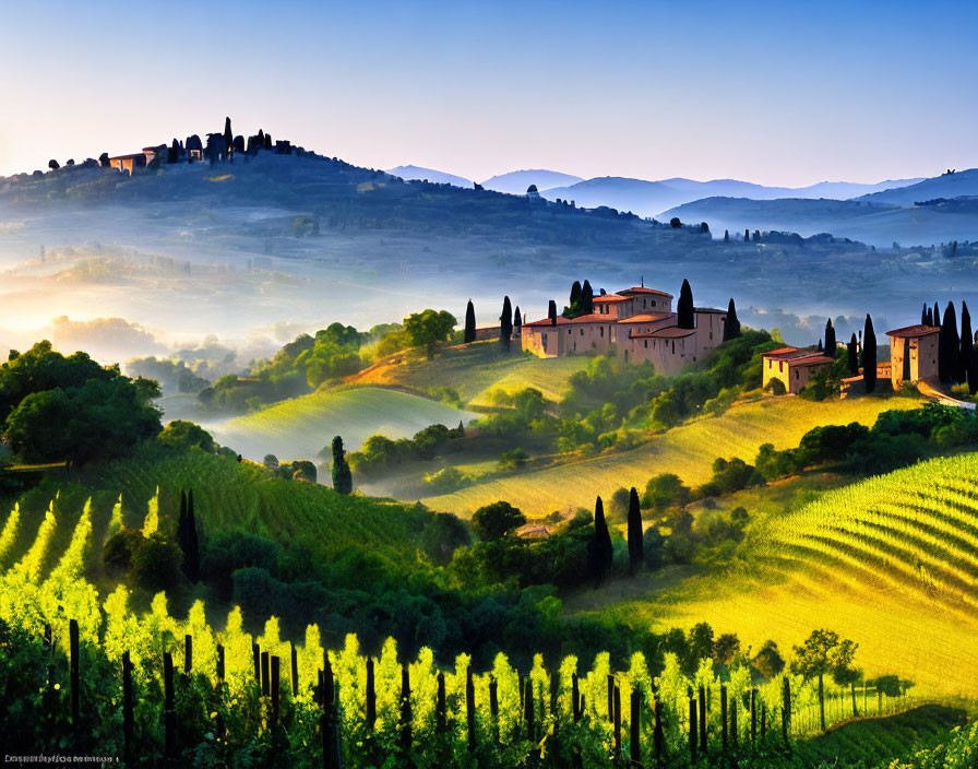 Scenic Tuscan Hills with Vineyards, Misty Valley, and Sunrise Village