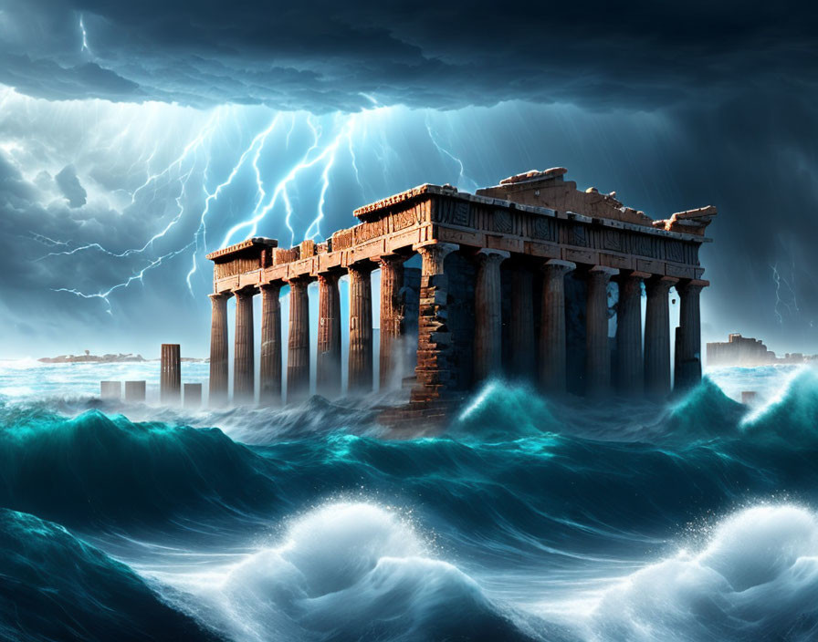 Ancient Greek temple in stormy seas with lightning.