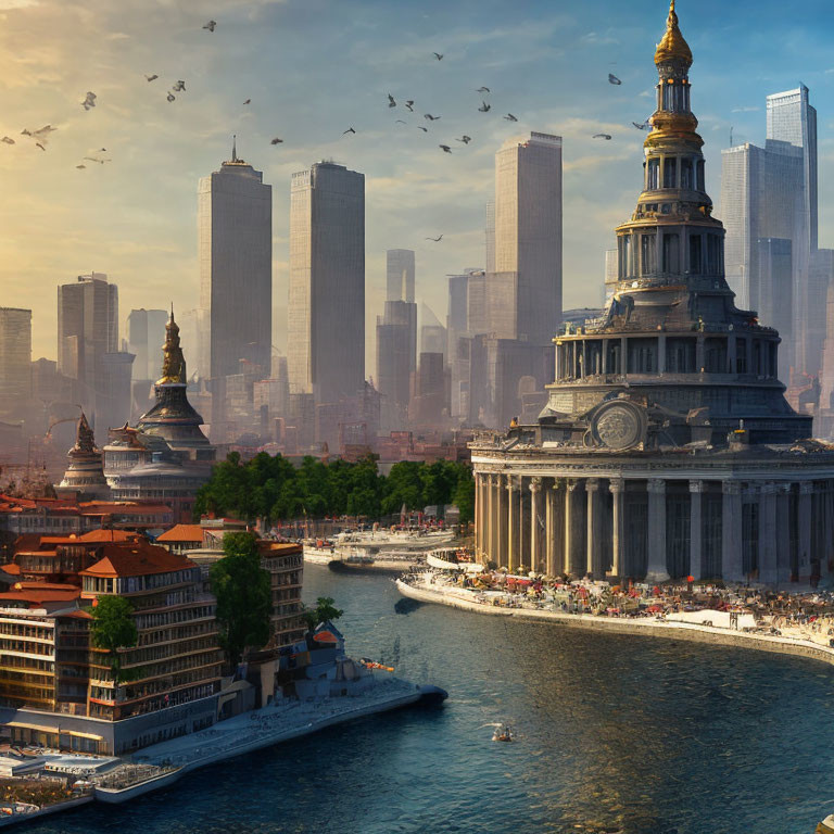 Futuristic cityscape with classic and modern architecture, waterfront with boats, and bustling streets.