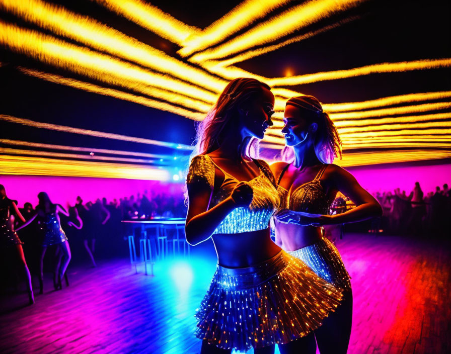 Vibrant nightclub scene with two women dancing amid colorful neon lights