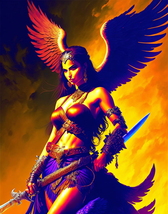 Warrior woman in golden armor wields sword with fiery backdrop