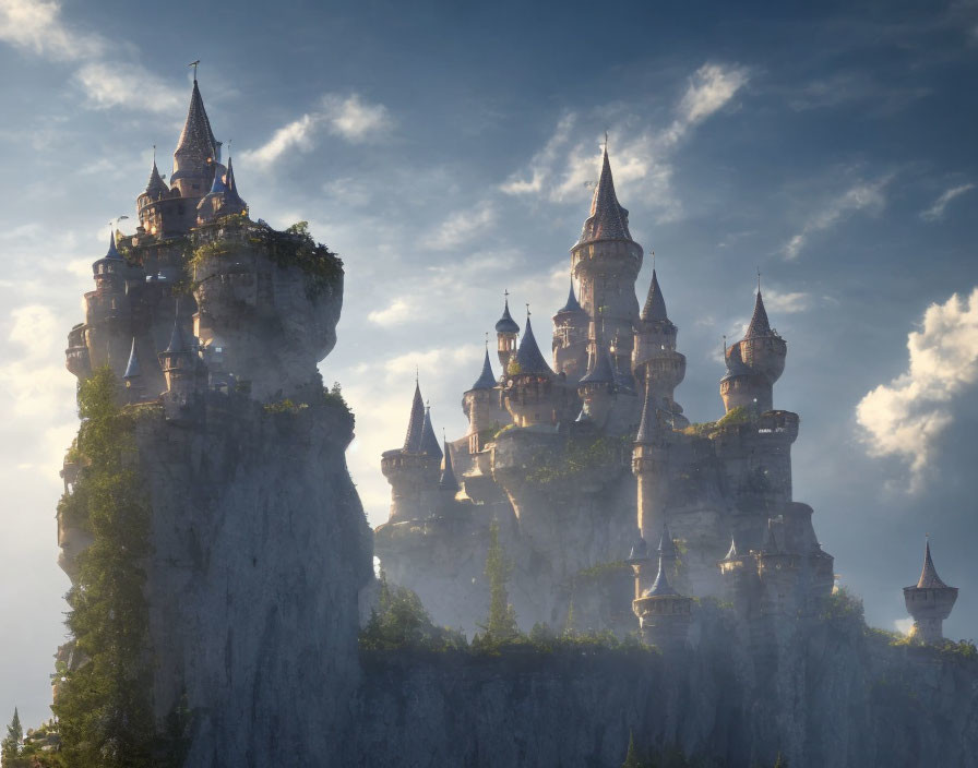 Majestic fairytale castle on cliff enveloped in mist and sunlight