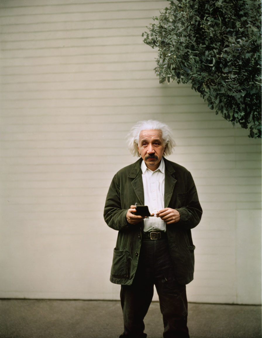 Man in Green Coat with Smoking Pipe and Tree Branch Background