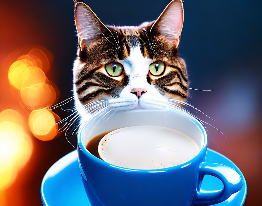 Tabby cat head on blue coffee cup with bokeh background